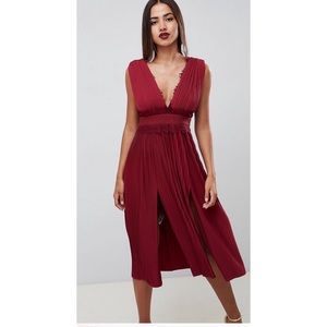 Oxblood ASOS DESIGN Lace Insert Pleated Midi